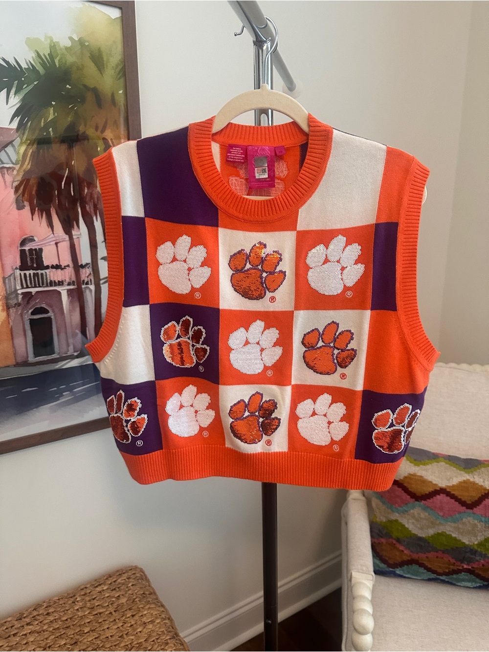 QUEEN OF SPARKLES Clemson Orange & Purple Checkerboard Paw Sweater Vest